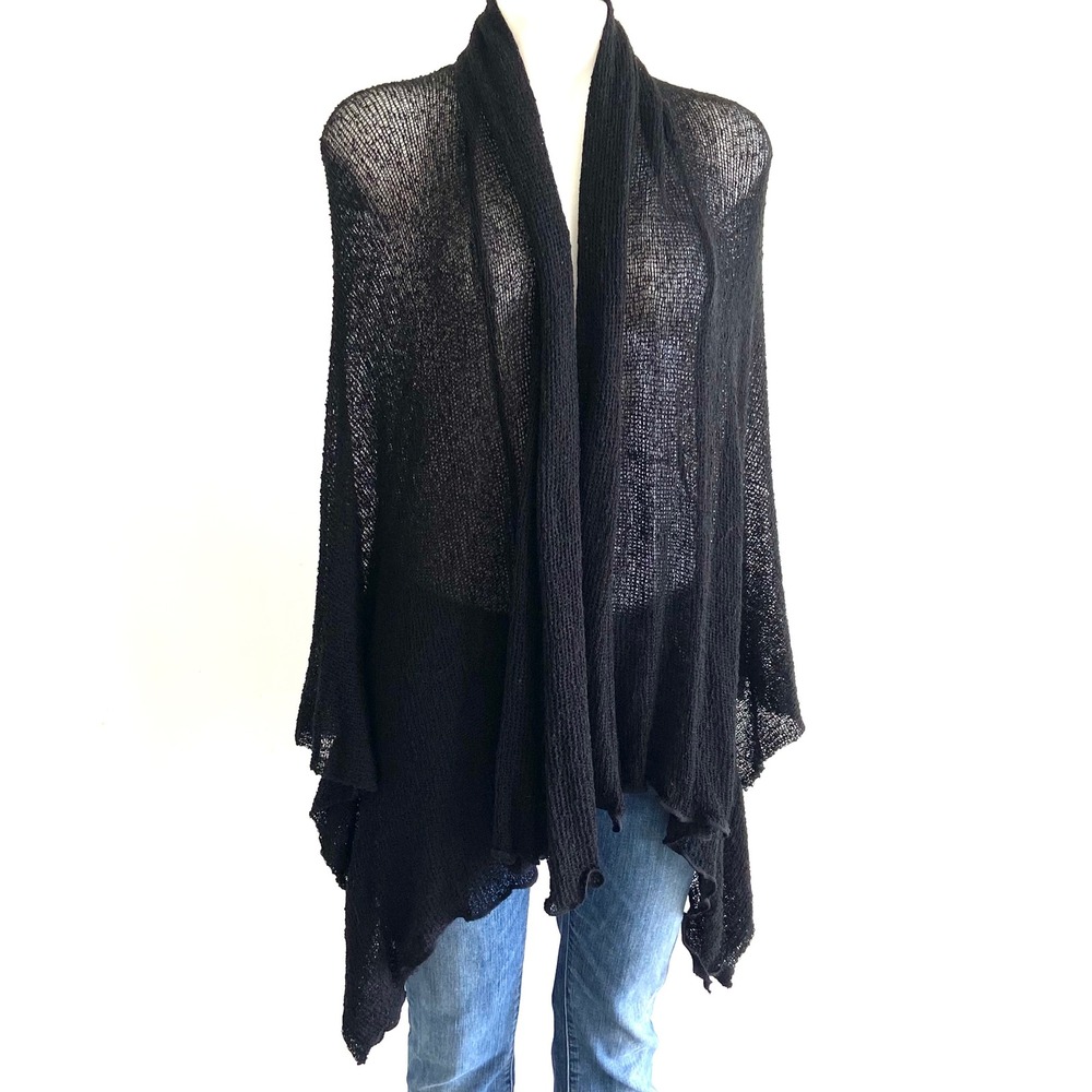 Van Klee Women Black Sheer Open Knit Draped Asymmetrical Handkerchief Cardigan